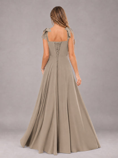 Taupe A-Line Square Neck Sleeveless Chiffon Floor-Length Bridesmaid Dress With Side Split