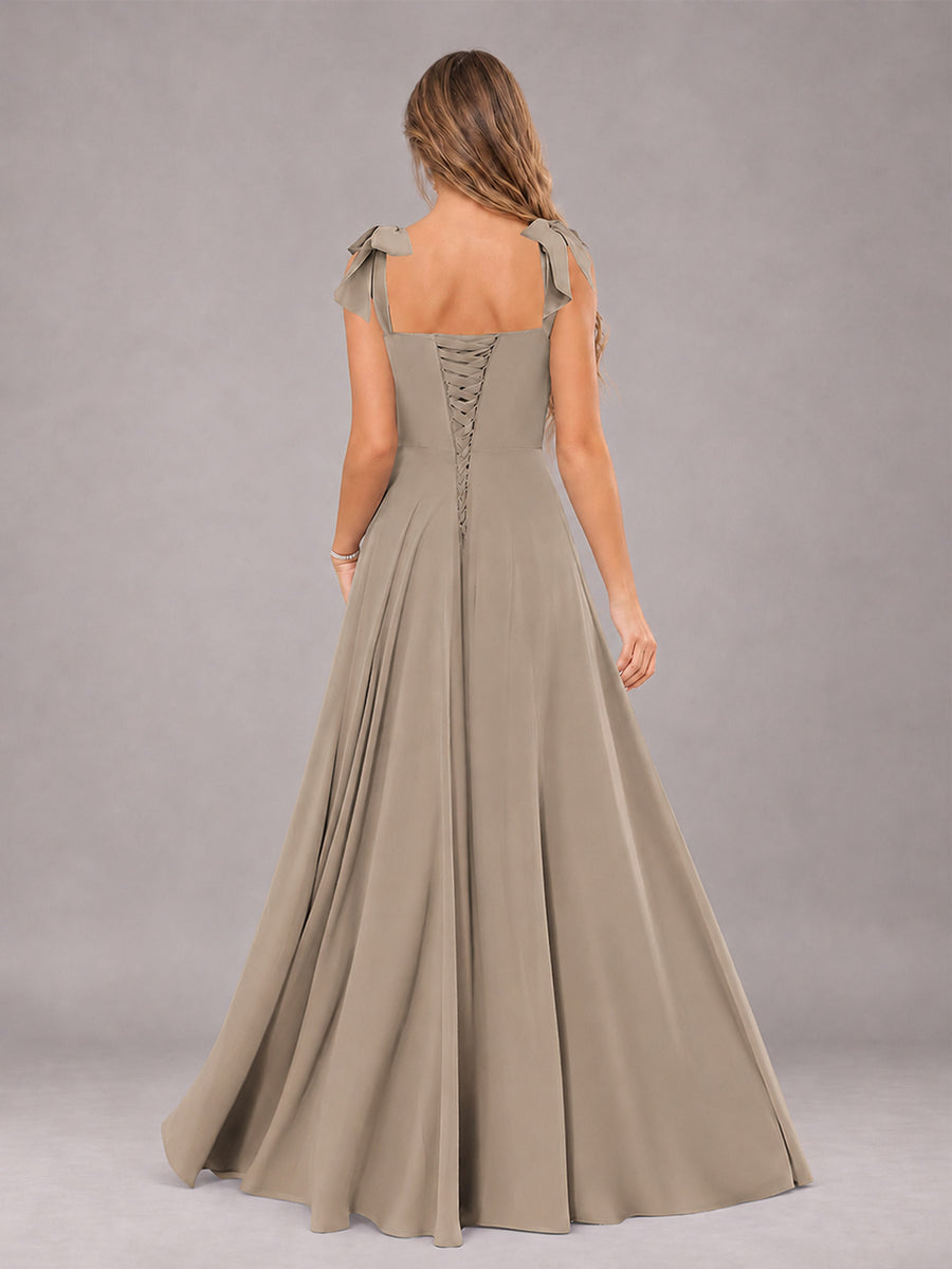 Taupe A-Line Square Neck Sleeveless Chiffon Floor-Length Bridesmaid Dress With Side Split