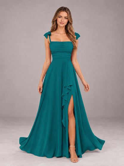 Teal A-Line Square Neck Sleeveless Chiffon Floor-Length Bridesmaid Dress With Side Split
