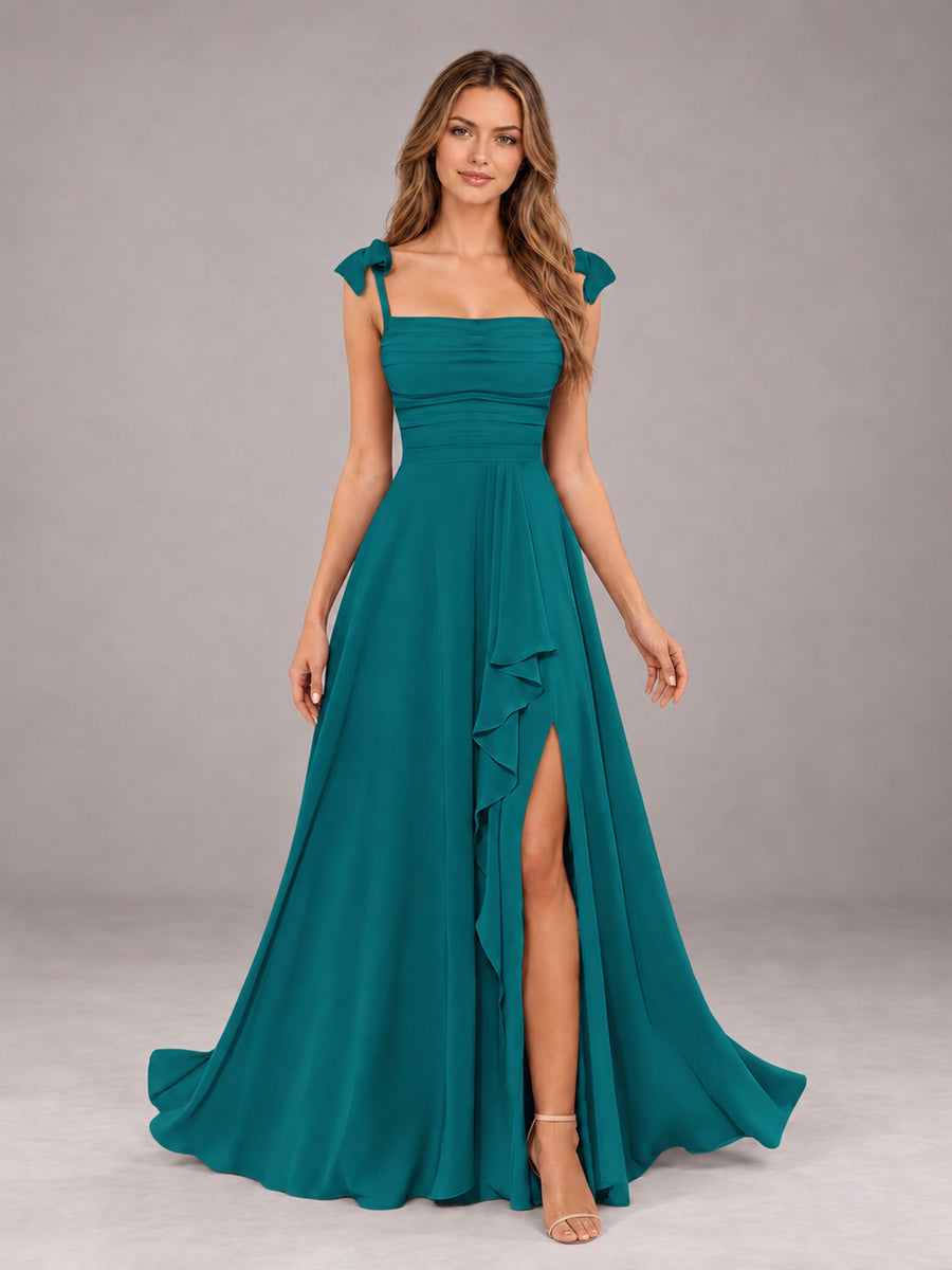 Teal A-Line Square Neck Sleeveless Chiffon Floor-Length Bridesmaid Dress With Side Split