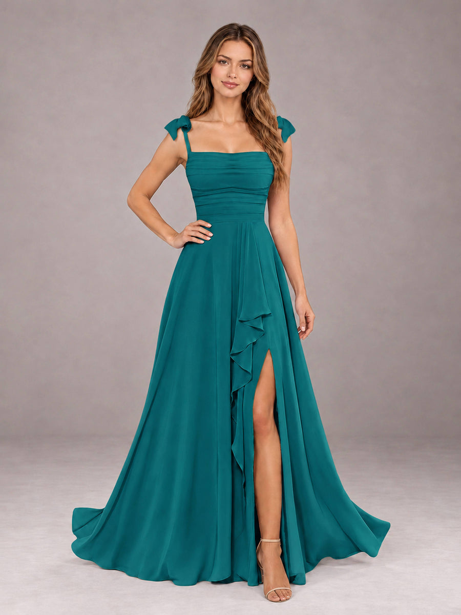 Teal A-Line Square Neck Sleeveless Chiffon Floor-Length Bridesmaid Dress With Side Split