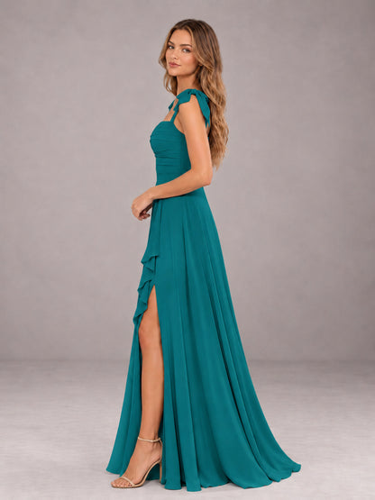 Teal A-Line Square Neck Sleeveless Chiffon Floor-Length Bridesmaid Dress With Side Split