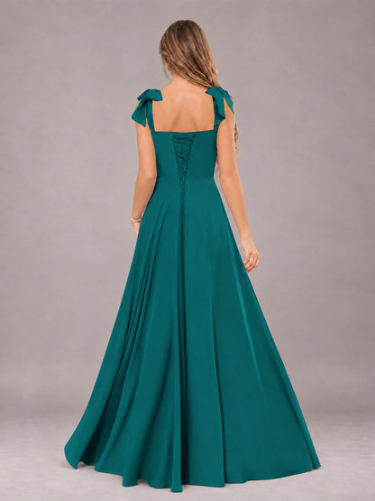 Teal A-Line Square Neck Sleeveless Chiffon Floor-Length Bridesmaid Dress With Side Split