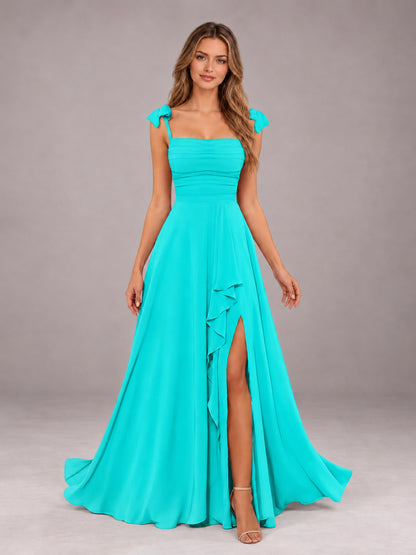 Turquoise A-Line Square Neck Sleeveless Chiffon Floor-Length Bridesmaid Dress With Side Split