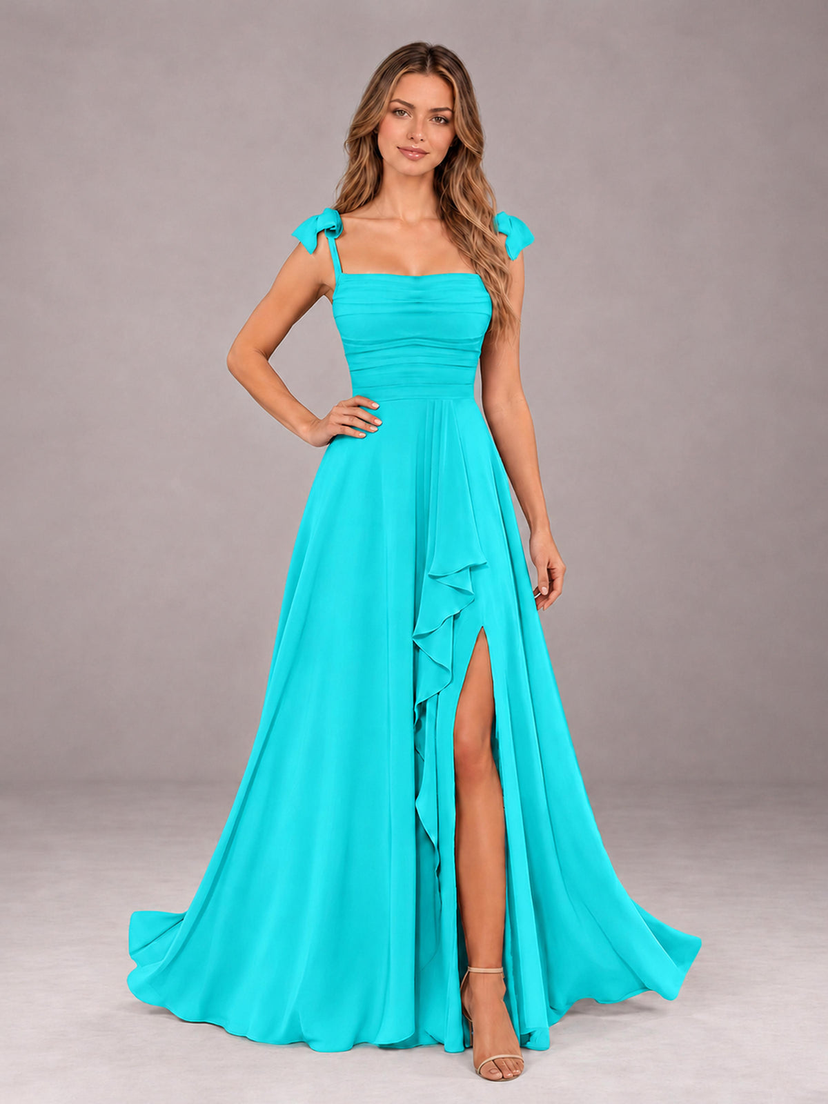 Turquoise A-Line Square Neck Sleeveless Chiffon Floor-Length Bridesmaid Dress With Side Split
