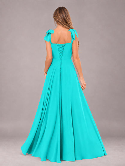Turquoise A-Line Square Neck Sleeveless Chiffon Floor-Length Bridesmaid Dress With Side Split