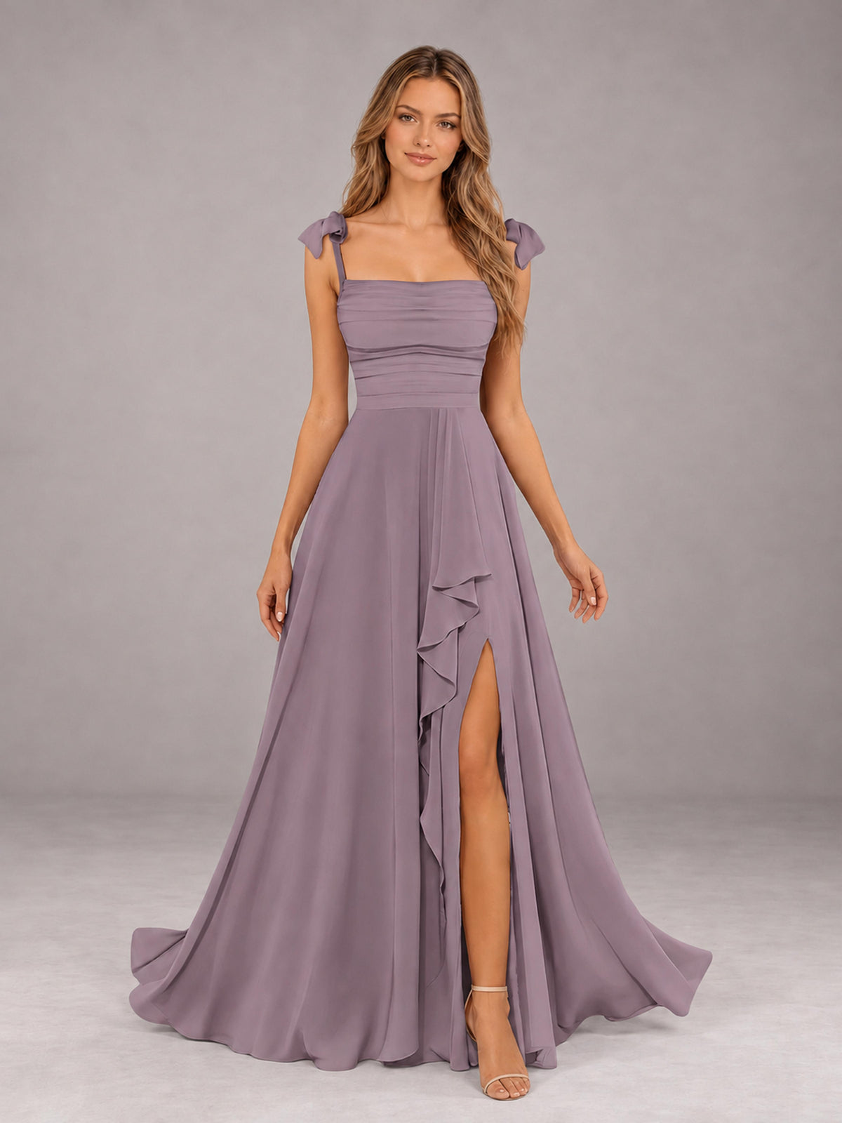 Wisteria A-Line Square Neck Sleeveless Chiffon Floor-Length Bridesmaid Dress With Side Split