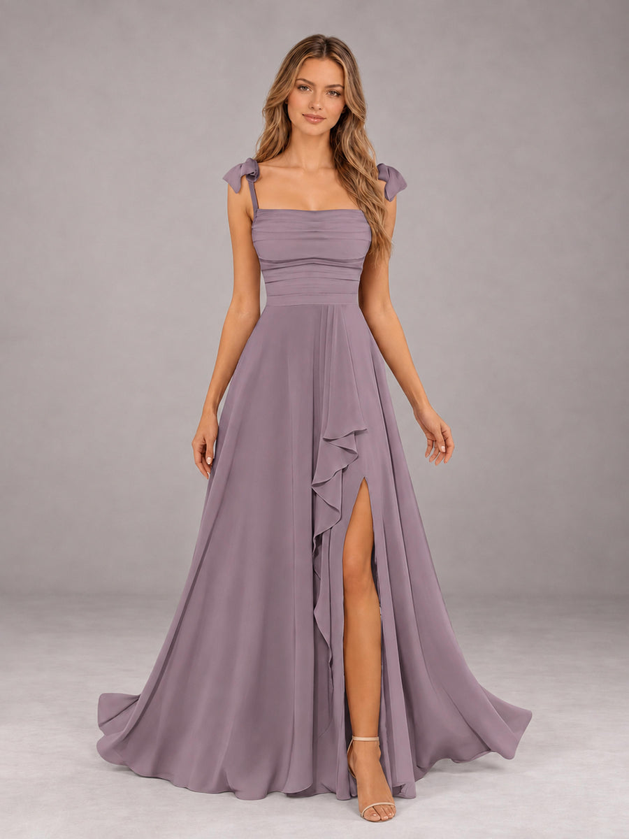 Wisteria A-Line Square Neck Sleeveless Chiffon Floor-Length Bridesmaid Dress With Side Split
