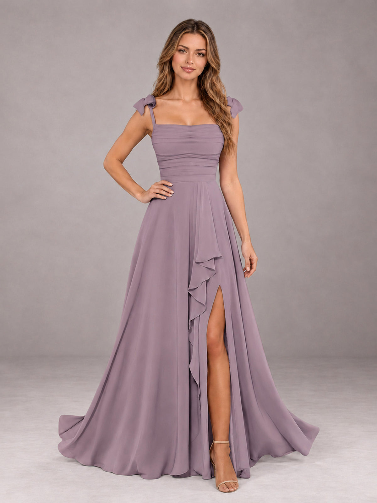 Wisteria A-Line Square Neck Sleeveless Chiffon Floor-Length Bridesmaid Dress With Side Split