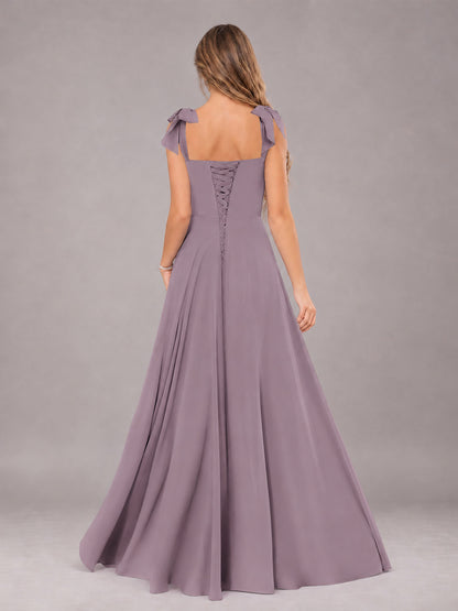 Wisteria A-Line Square Neck Sleeveless Chiffon Floor-Length Bridesmaid Dress With Side Split