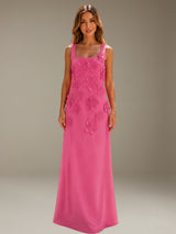 Free Shipping A-Line Square Neck Sleeveless Floor-Length Formal Dress with 3D Floral Flowers