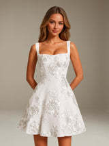 Free Shipping A-Line Square Neck Sleeveless Floral Embroidery Mini/Short Homecoming Dress