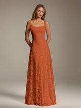 Free Shipping A-Line Square Neck Sleeveless Floral Lace Bridesmaid Dress Pleated Floor Length