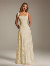 Free Shipping A-Line Square Neck Sleeveless Floral Lace Bridesmaid Dress Pleated Floor Length