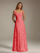 Free Shipping A-Line Square Neck Sleeveless Floral Lace Bridesmaid Dress Pleated Floor Length