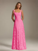 Free Shipping A-Line Square Neck Sleeveless Floral Lace Bridesmaid Dress Pleated Floor Length