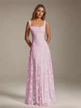 Free Shipping A-Line Square Neck Sleeveless Floral Lace Bridesmaid Dress Pleated Floor Length