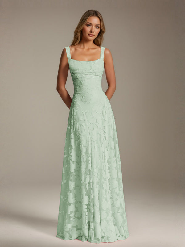 Mint Green Free Shipping A-Line Square Neck Sleeveless Floral Lace Bridesmaid Dress Pleated Floor Length