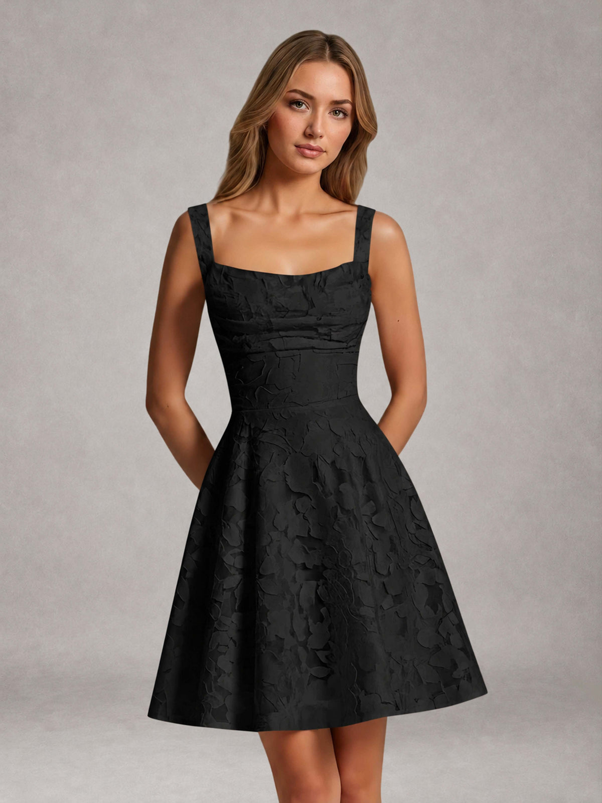 Black A-Line Square Neck Sleeveless Floral Lace Mini/Short Formal Dress