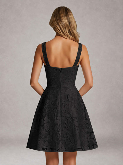 Black A-Line Square Neck Sleeveless Floral Lace Mini/Short Formal Dress