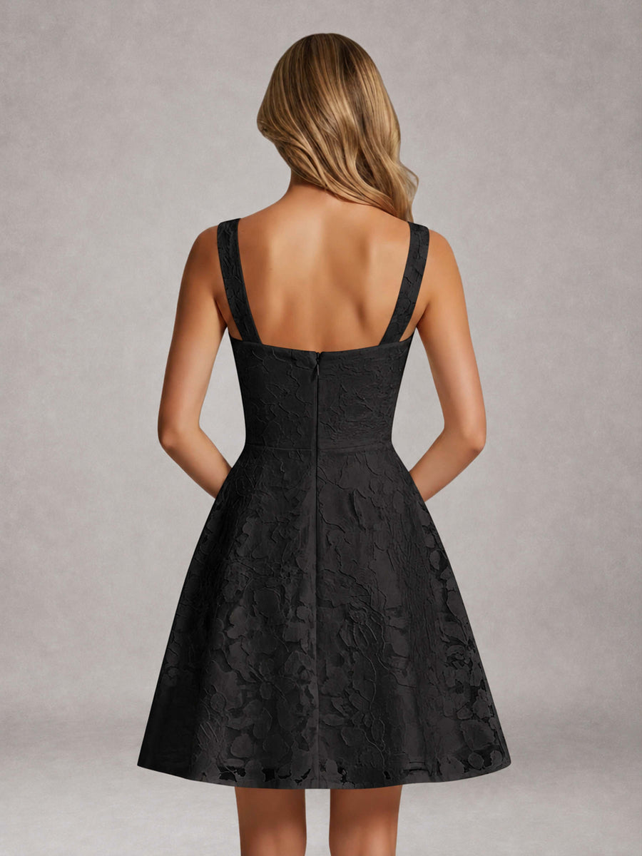 Black A-Line Square Neck Sleeveless Floral Lace Mini/Short Formal Dress