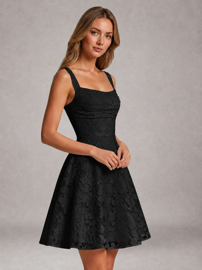 Black A-Line Square Neck Sleeveless Floral Lace Mini/Short Formal Dress