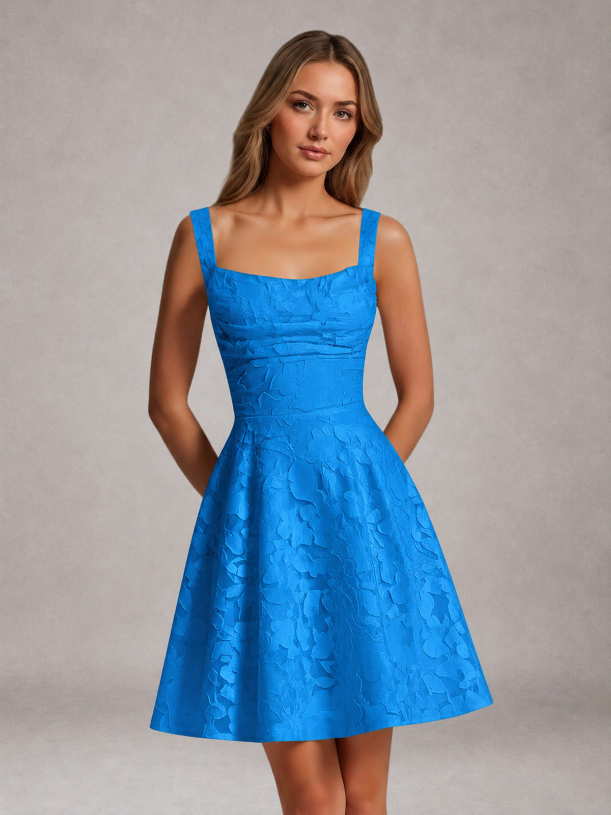 Blue A-Line Square Neck Sleeveless Floral Lace Mini/Short Formal Dress