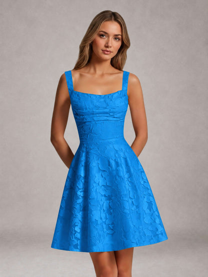 Blue A-Line Square Neck Sleeveless Floral Lace Mini/Short Formal Dress