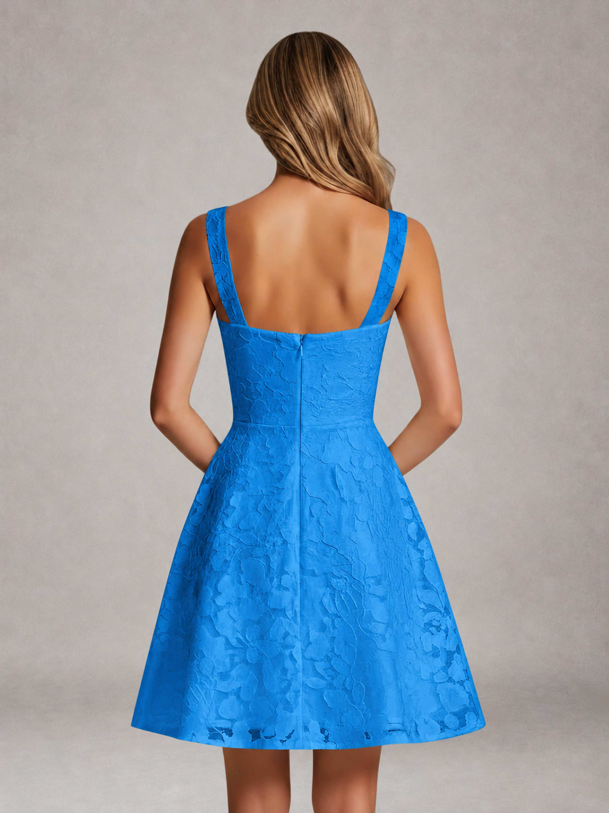 Blue A-Line Square Neck Sleeveless Floral Lace Mini/Short Formal Dress