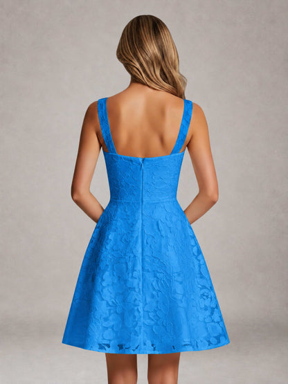 Blue A-Line Square Neck Sleeveless Floral Lace Mini/Short Formal Dress