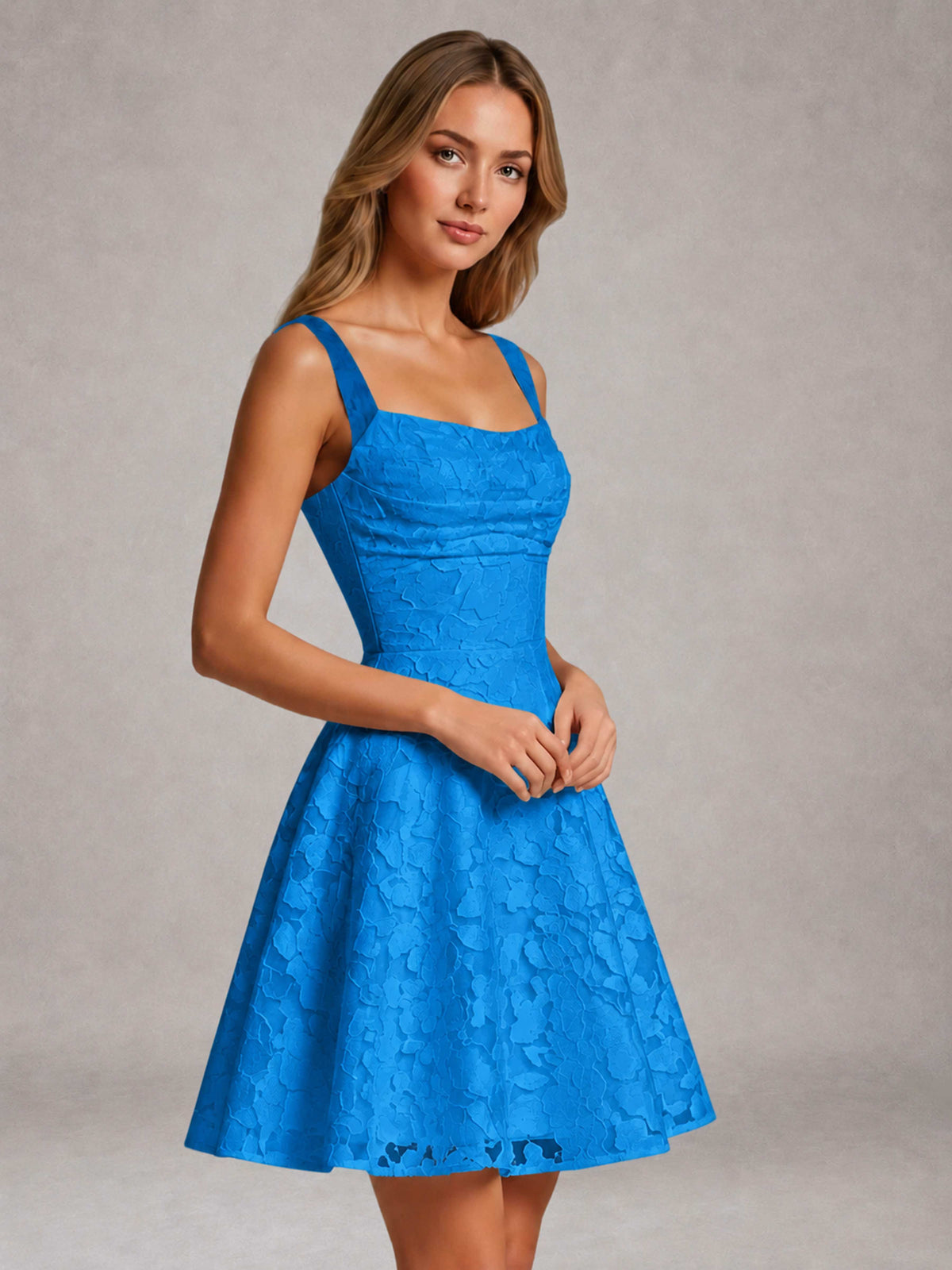 Blue A-Line Square Neck Sleeveless Floral Lace Mini/Short Formal Dress