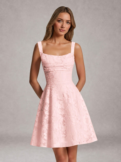Blush Pink A-Line Square Neck Sleeveless Floral Lace Mini/Short Formal Dress