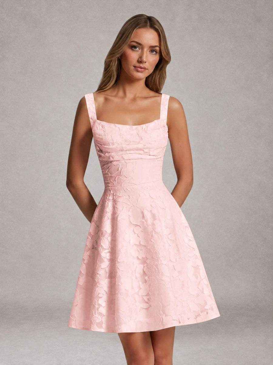 Blush Pink A-Line Square Neck Sleeveless Floral Lace Mini/Short Formal Dress