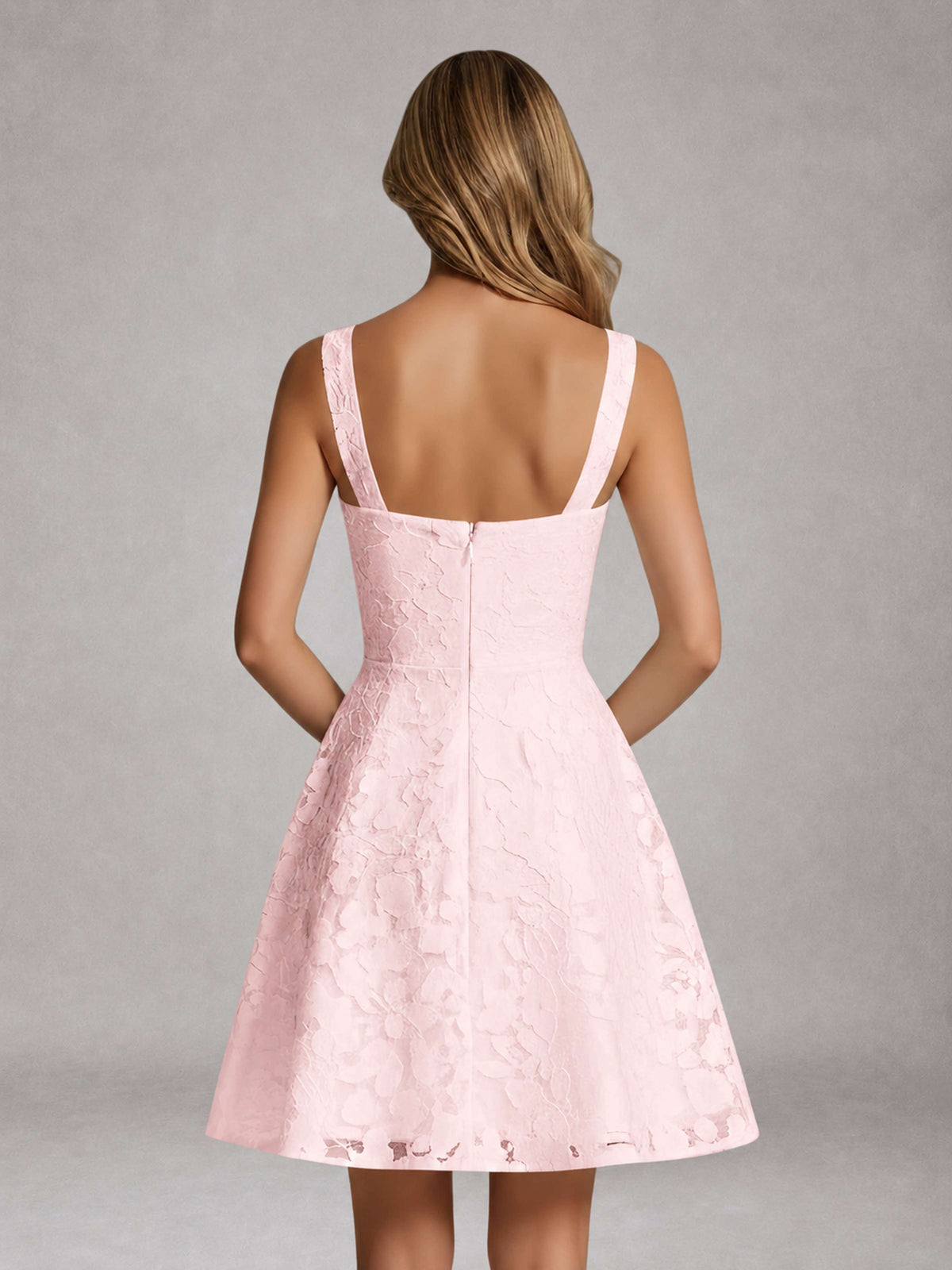 Blush Pink A-Line Square Neck Sleeveless Floral Lace Mini/Short Formal Dress