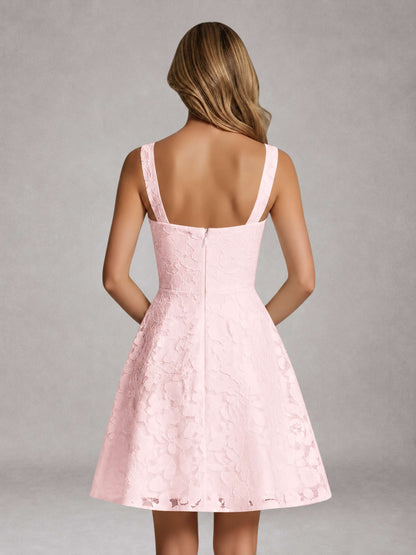 Blush Pink A-Line Square Neck Sleeveless Floral Lace Mini/Short Formal Dress