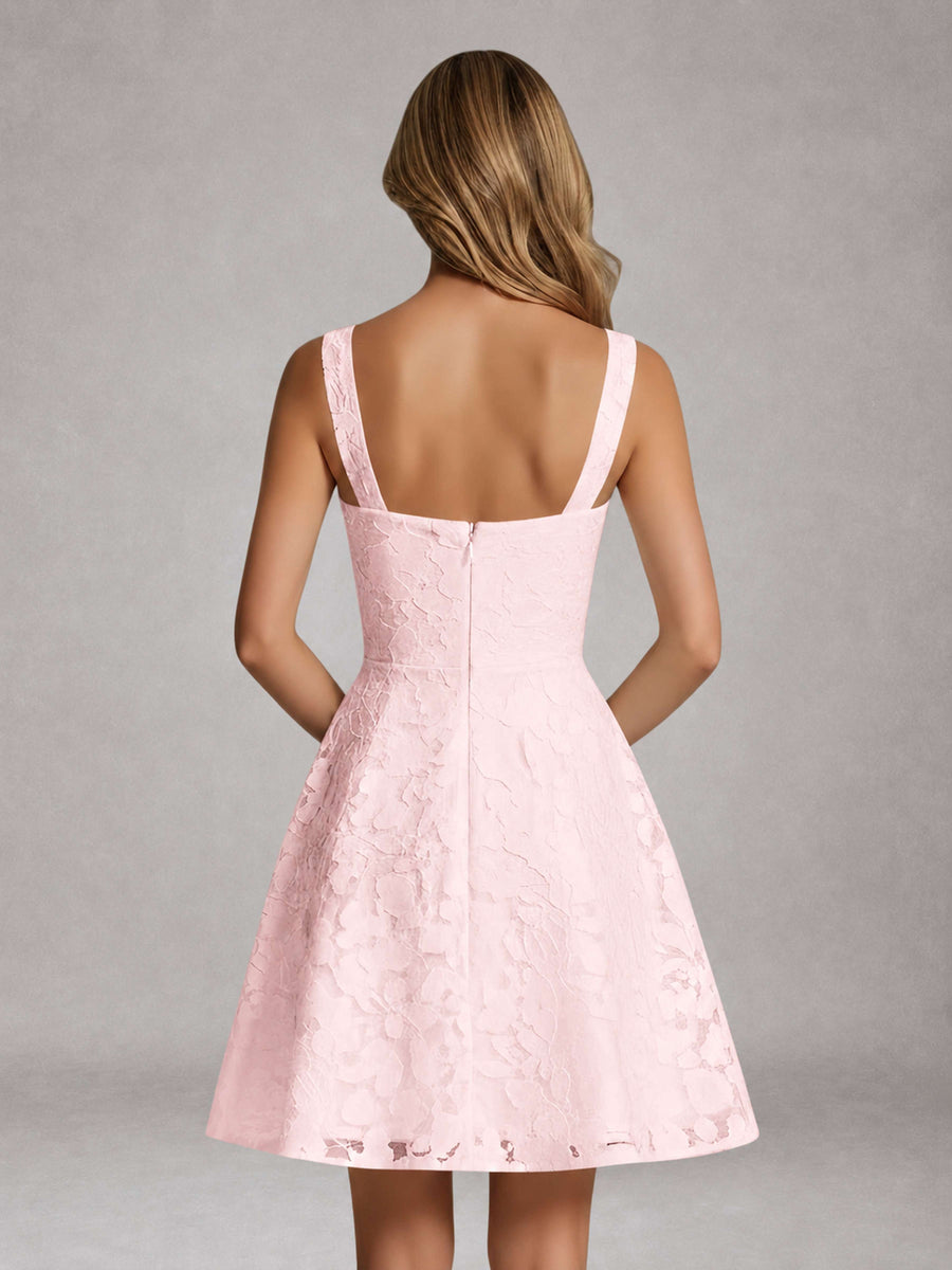 Blush Pink A-Line Square Neck Sleeveless Floral Lace Mini/Short Formal Dress