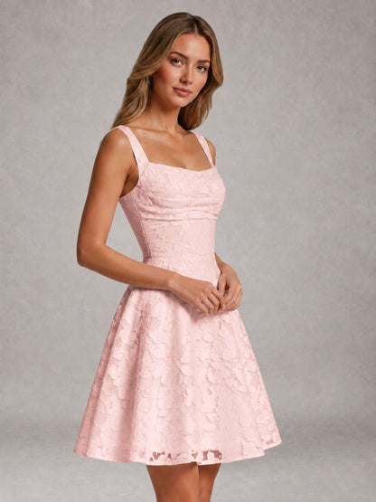 Blush Pink A-Line Square Neck Sleeveless Floral Lace Mini/Short Formal Dress