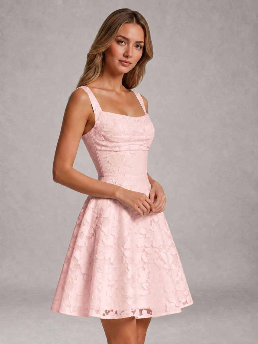 Blush Pink A-Line Square Neck Sleeveless Floral Lace Mini/Short Formal Dress