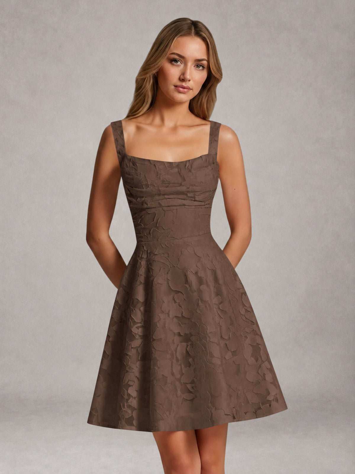 Brown A-Line Square Neck Sleeveless Floral Lace Mini/Short Formal Dress