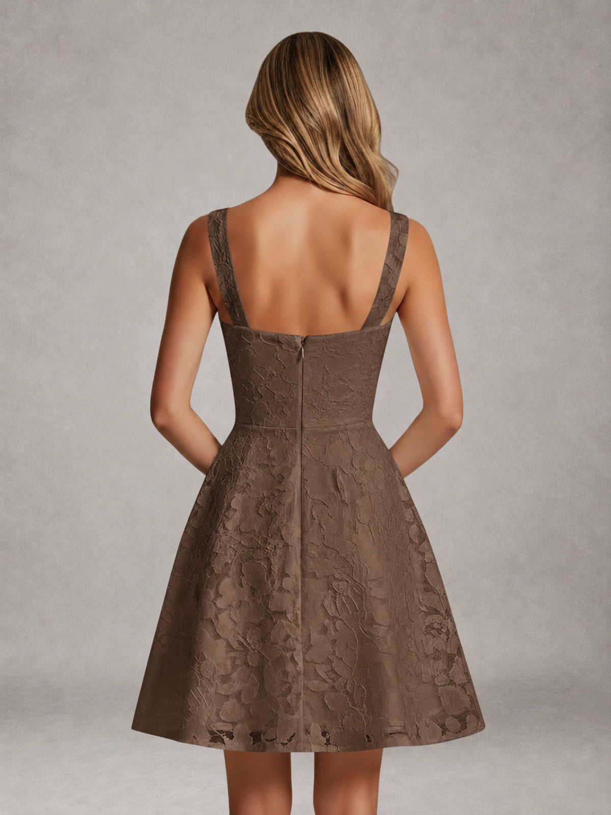 Brown A-Line Square Neck Sleeveless Floral Lace Mini/Short Formal Dress