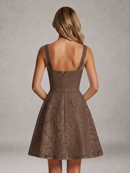 Brown A-Line Square Neck Sleeveless Floral Lace Mini/Short Formal Dress