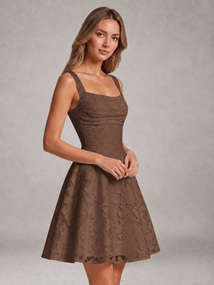 Brown A-Line Square Neck Sleeveless Floral Lace Mini/Short Formal Dress