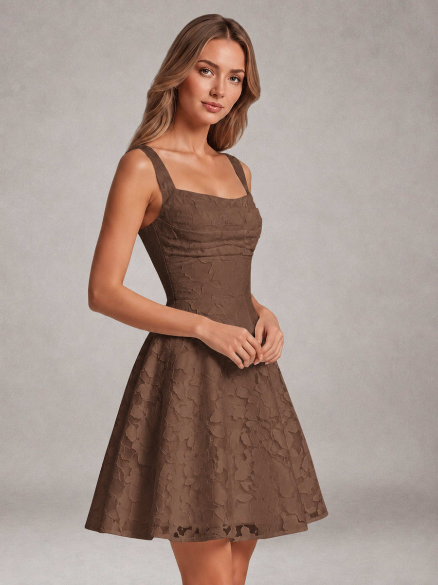 Brown A-Line Square Neck Sleeveless Floral Lace Mini/Short Formal Dress