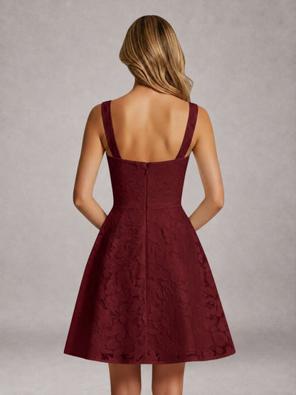 Burgundy A-Line Square Neck Sleeveless Floral Lace Mini/Short Formal Dress