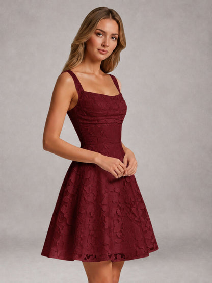 Burgundy A-Line Square Neck Sleeveless Floral Lace Mini/Short Formal Dress