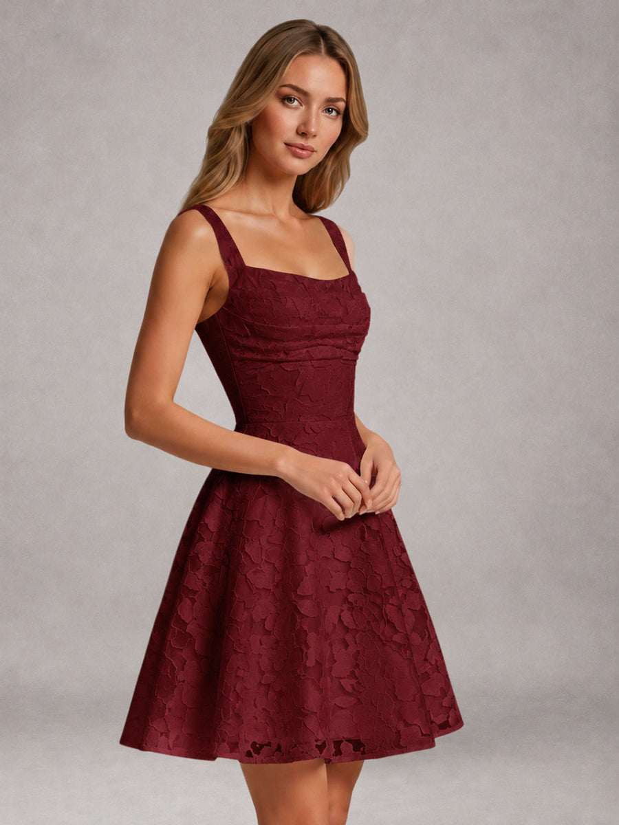 Burgundy A-Line Square Neck Sleeveless Floral Lace Mini/Short Formal Dress