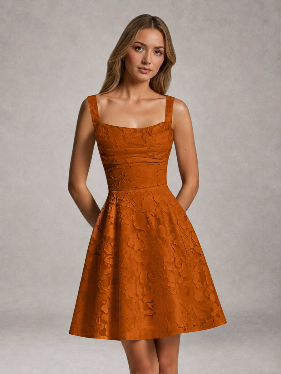 Burnt Orange A-Line Square Neck Sleeveless Floral Lace Mini/Short Formal Dress