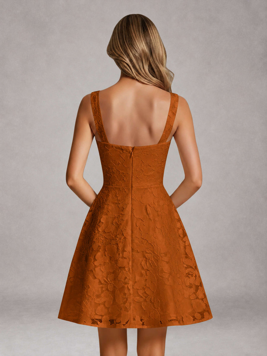 Burnt Orange A-Line Square Neck Sleeveless Floral Lace Mini/Short Formal Dress