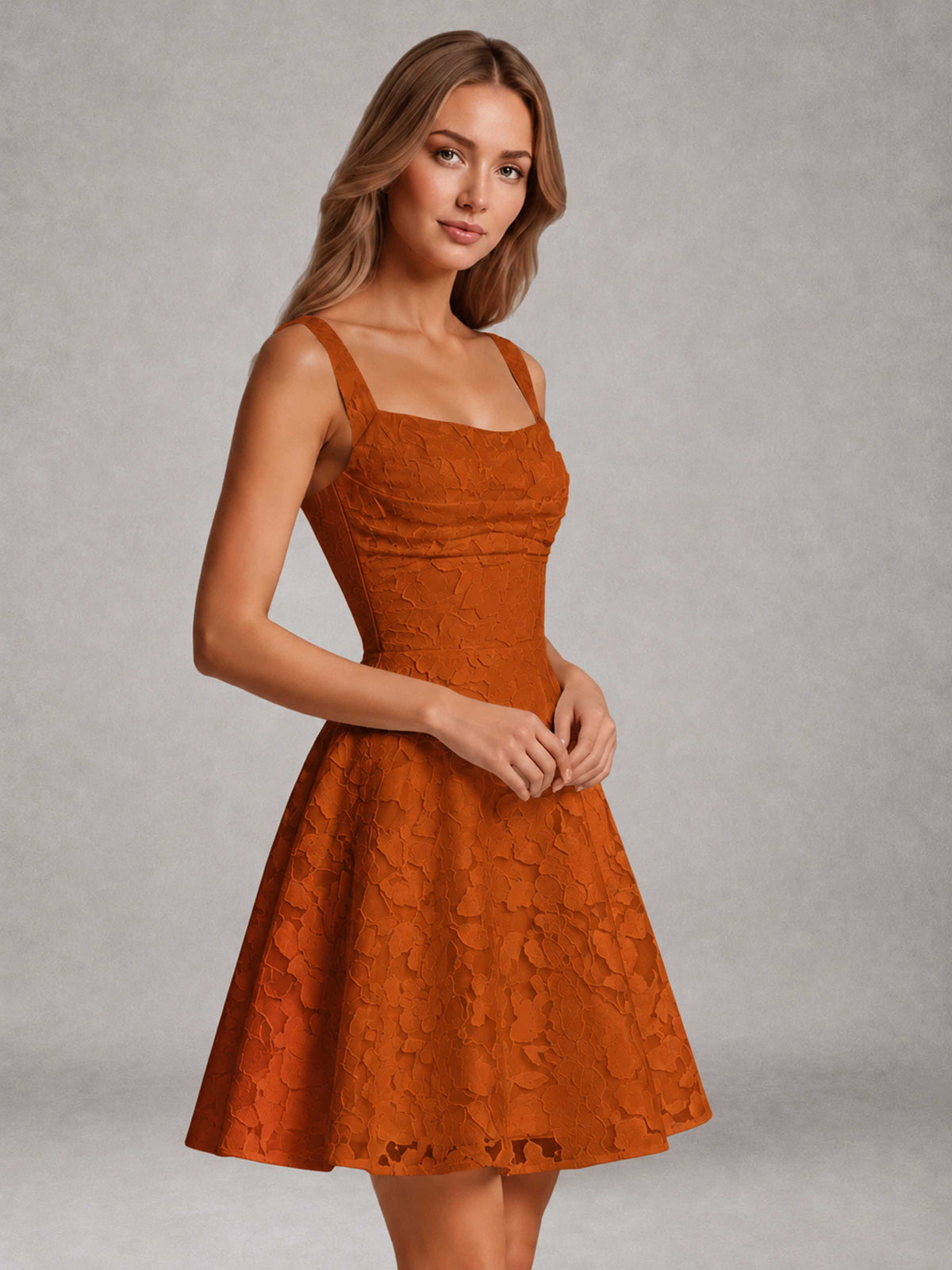 Burnt Orange A-Line Square Neck Sleeveless Floral Lace Mini/Short Formal Dress