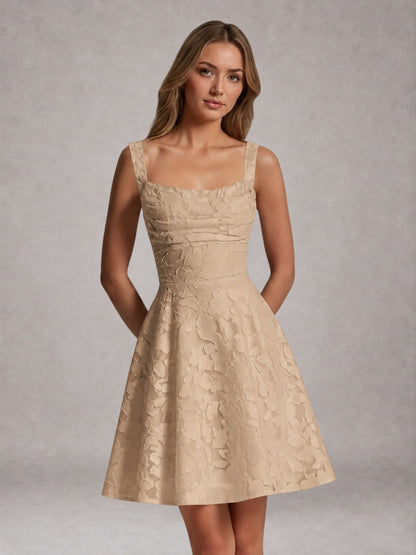 Champagne A-Line Square Neck Sleeveless Floral Lace Mini/Short Formal Dress